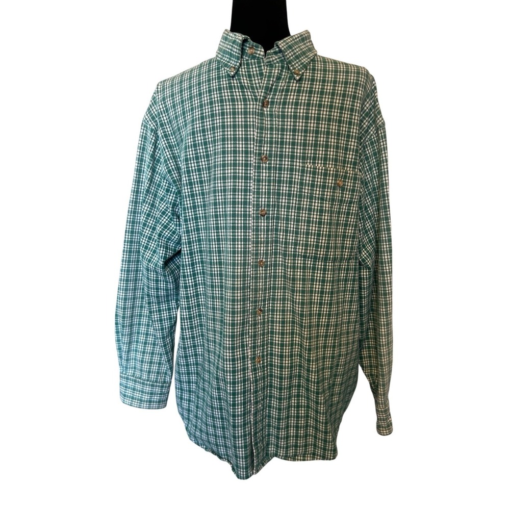 Vintage Lands' End Men's Green and White Checkered Plaid Shirt Size Large